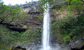 県一の落差「ピナイサーラの滝」に到着。下からの眺めは絶景。後は、滝つぼで思いっきり遊んで下さいね。